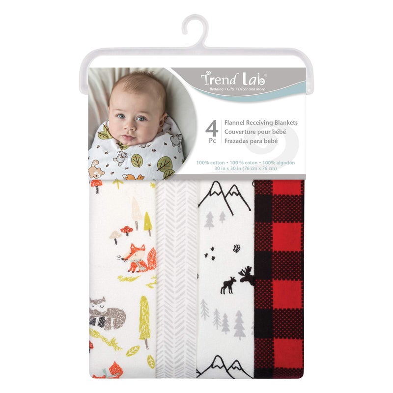 Trend Lab Buffalo Check Woodland 4 Pack Flannel Blankets-Buffalo Check, Winter Woods, Herringbone and Moose Mountain Prints, Red, Black, Gray, Green, Flannel, 30 in x 30 in Each - Image 2